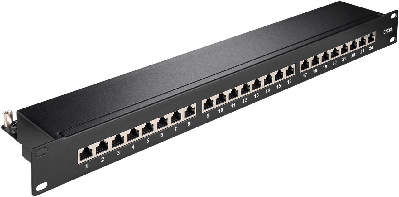 90854.jpg CAT6a 19inch patch panel 24port black - Image 1