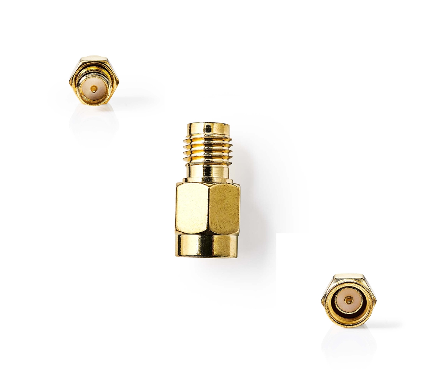 CSGB02112GD.jpg SMA Adapter SMA Female Reverse Polarity - SMA Male Gold Plated 50 Ohm Straight Copper Gold - Image 1