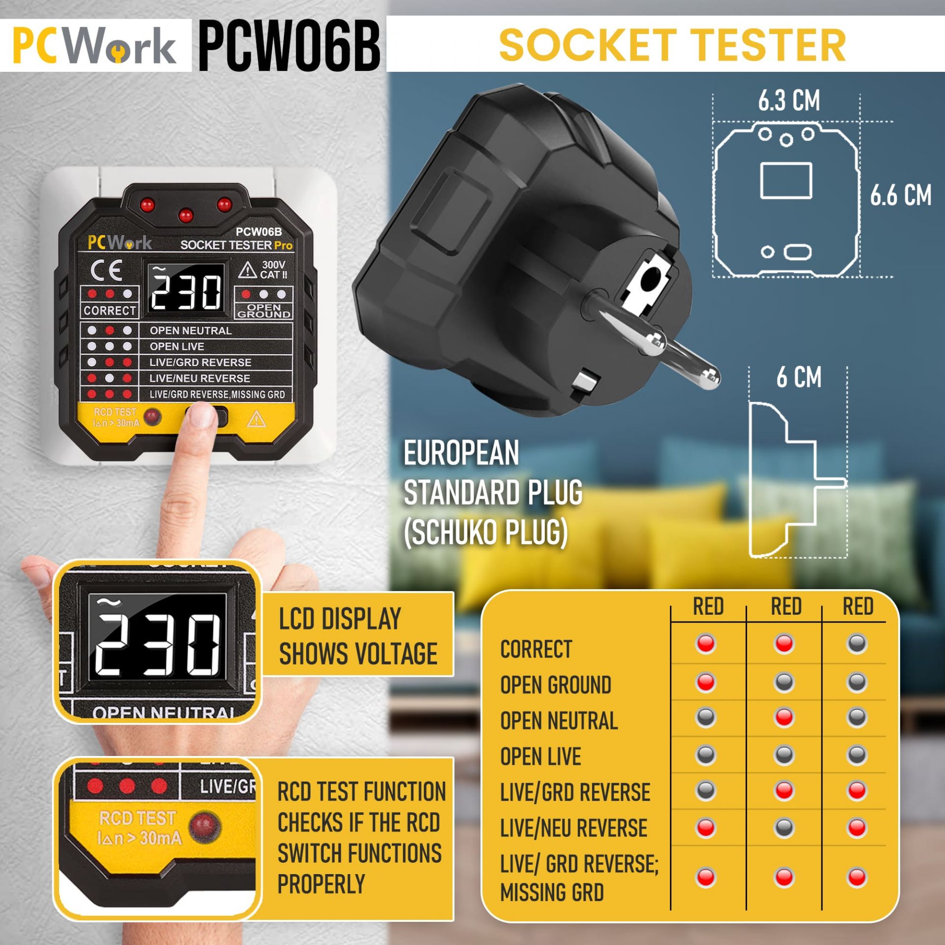 PCW06B.jpg SOCKET TESTER WITH VOLTAGE DISPLAY _RCD TEST - Image 1