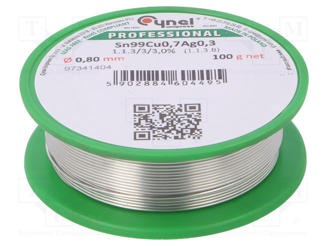 SAC0307-0.8-0.1.jpg Soldering wire Sn99Ag0,3Cu0,7 0.8mm 100g lead free 216÷227°C - Image 1