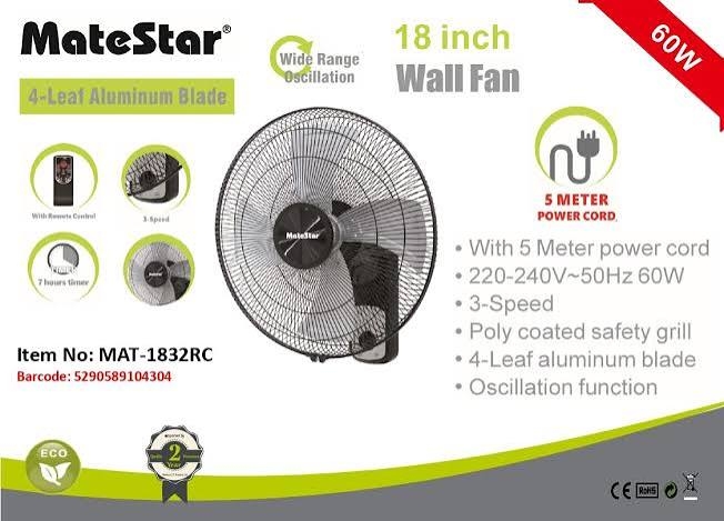 MAT-1832RC.jpg 18 WALL FAN WITH REMOTE CONTROL 60W - Image 1