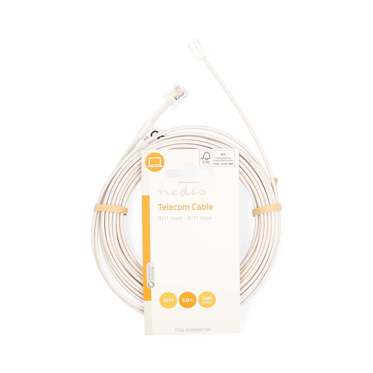 TCGL90200WT50.jpg Telecom Cable RJ11 Male RJ11 Male 5.00 m Flat Nickel Plated - Image 1