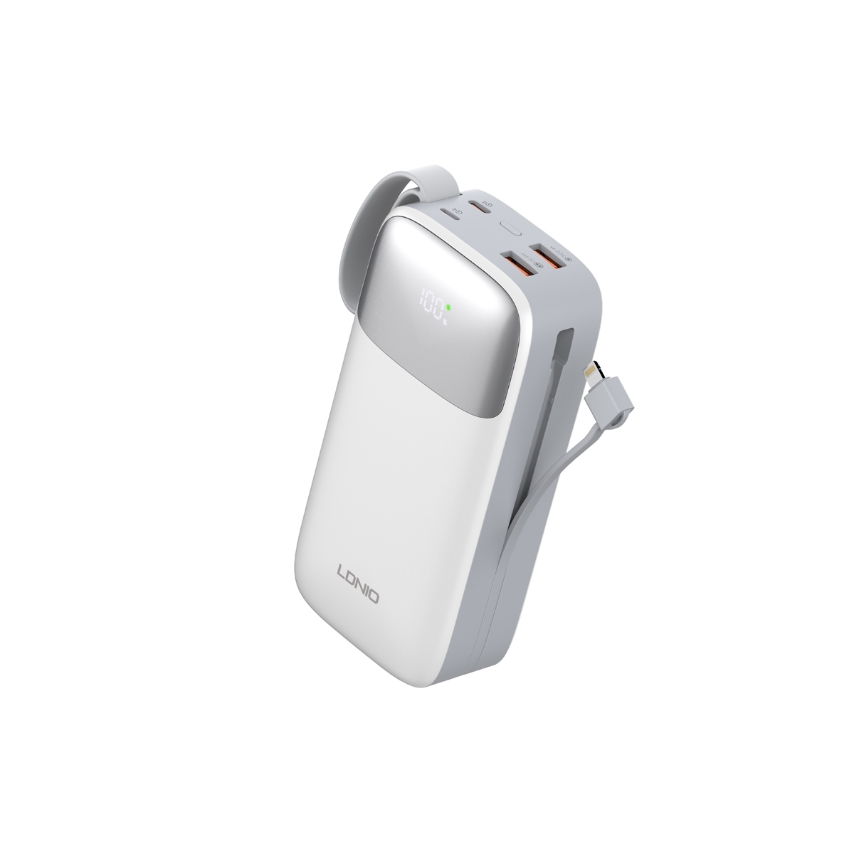 PQ30.jpg LDNIO PQ30 Power Bank, 30000 mAh, 20 W, USB-C and Lightning Cables, White - Image 1