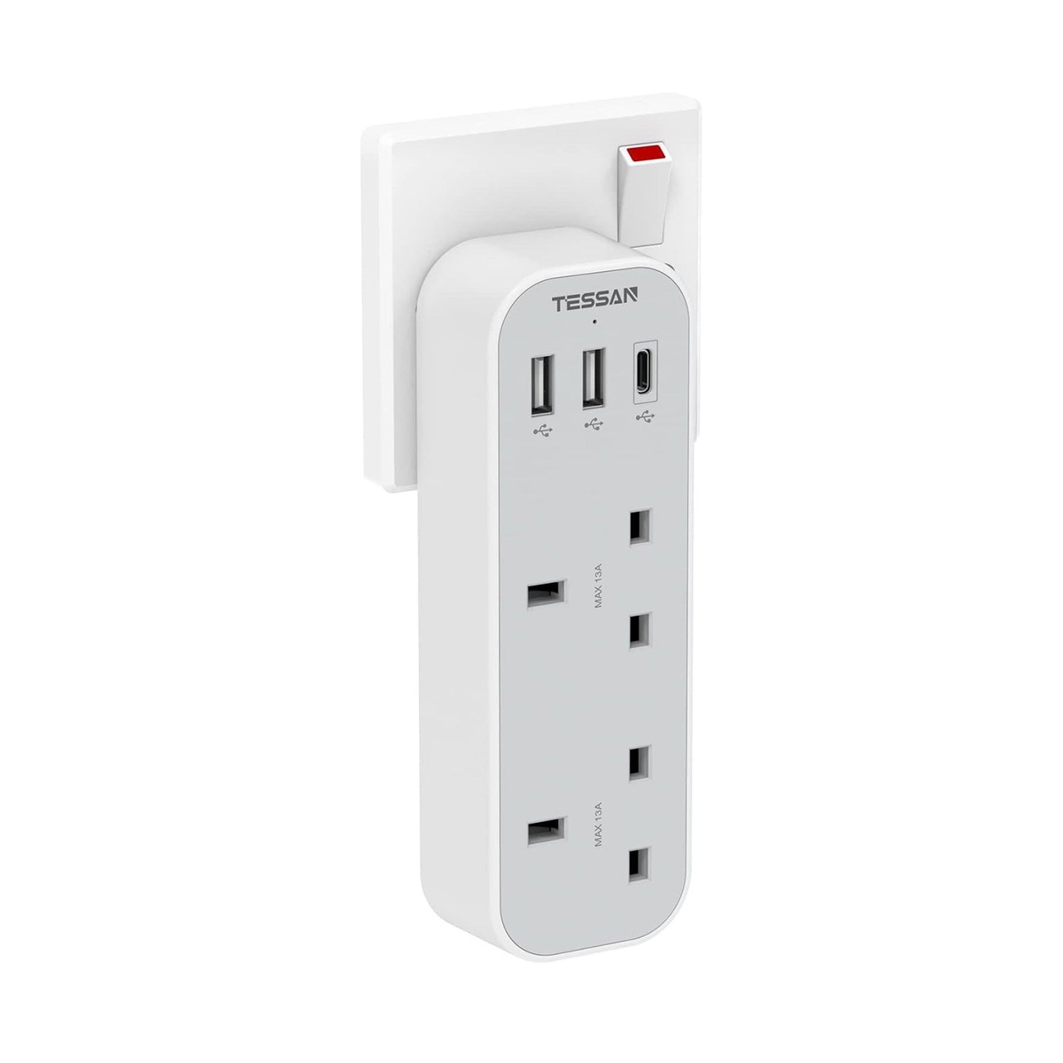 TS-222-C-GR.jpg Tessan TS-222-C-GR 2-Way UK Plug Adapter, 13A, 2 USB-A + USB-C 15W - Image 1